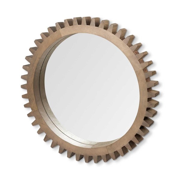 Homeroots 35 in. Round Brown Wood Frame Wall Mirror 376425